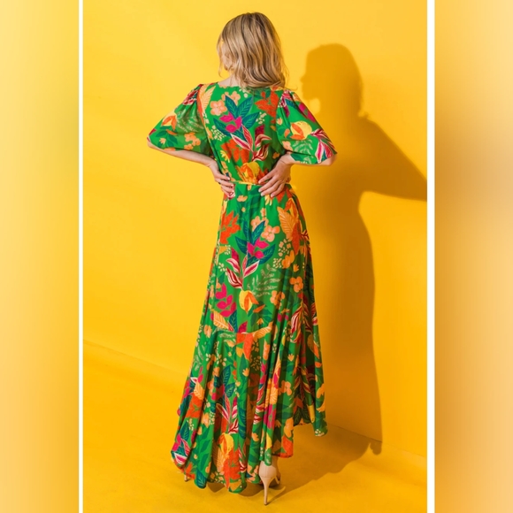 Flying Tomato high low wrap dress. Size L, green tropical - Picture 2 of 6